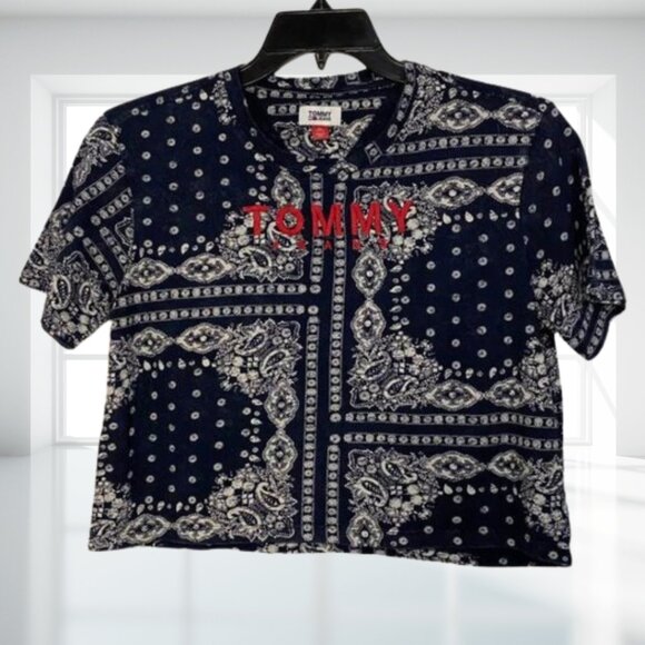 Tommy Jeans Bandana Print Logo Tee Navy Blue Graphic T-Shirt Size XS - Picture 2 of 11